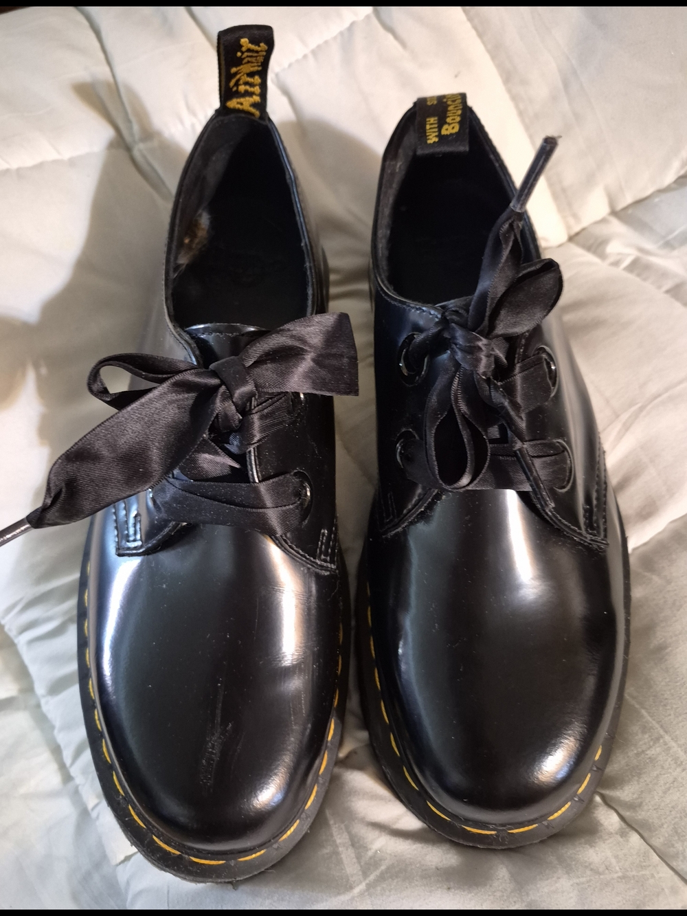 Dr. Martens Black Patent 3-Eye Oxford with Yellow Stitching